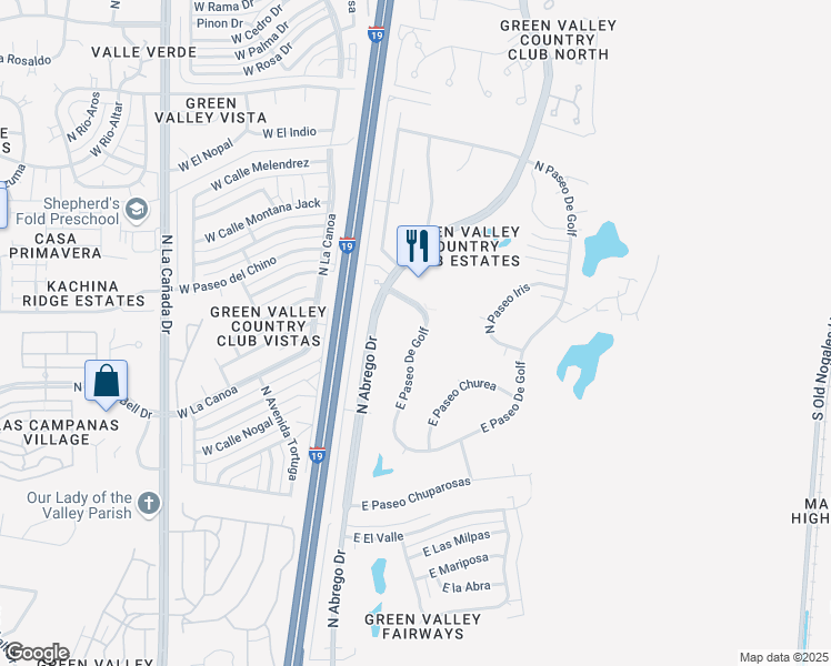 map of restaurants, bars, coffee shops, grocery stores, and more near 108 East Paseo De Golf in Green Valley