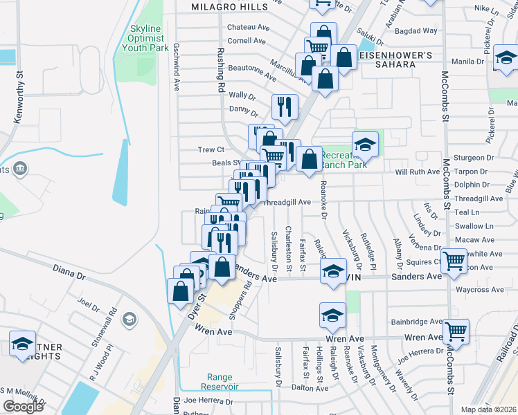 map of restaurants, bars, coffee shops, grocery stores, and more near 9570 Dyer St in El Paso