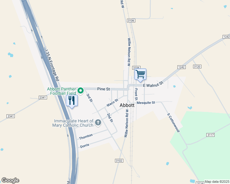 map of restaurants, bars, coffee shops, grocery stores, and more near 307 Waco Street in Abbott