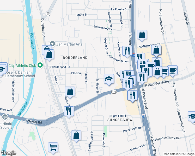map of restaurants, bars, coffee shops, grocery stores, and more near 6368 Santiago Street in El Paso