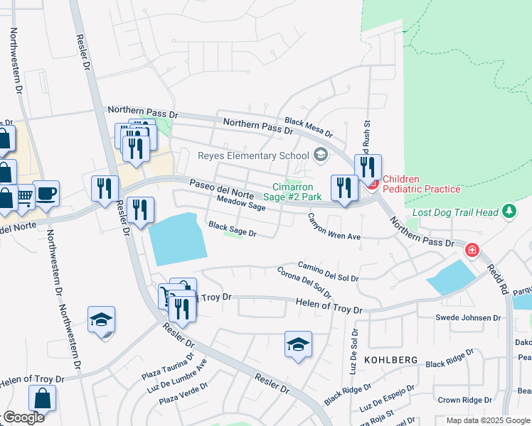 map of restaurants, bars, coffee shops, grocery stores, and more near 7321 Autumn Sage Drive in El Paso