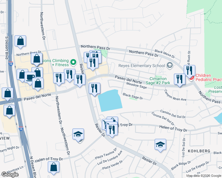 map of restaurants, bars, coffee shops, grocery stores, and more near 7384 Black Sage Drive in El Paso