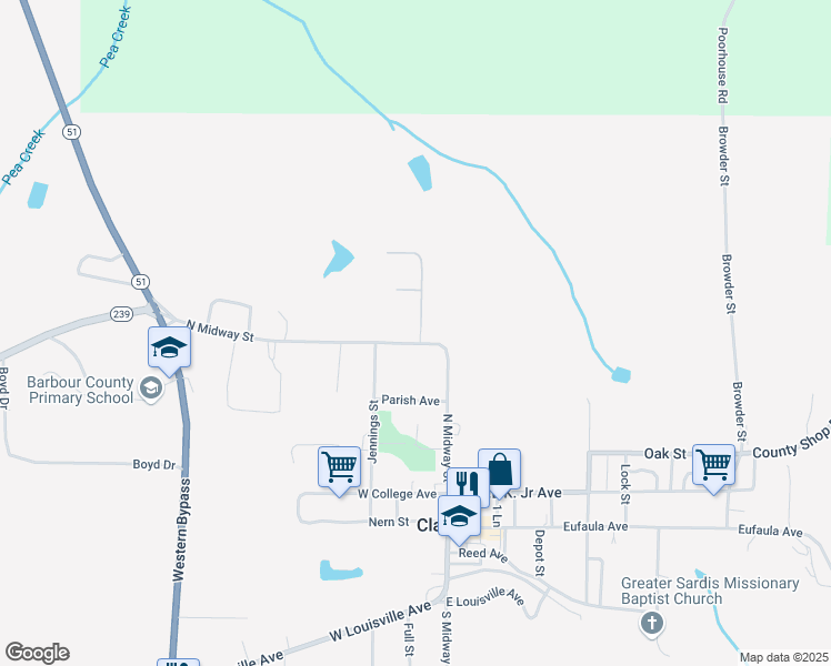 map of restaurants, bars, coffee shops, grocery stores, and more near 103 North Midway Street in Clayton