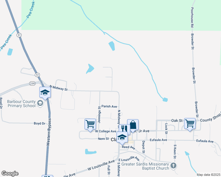 map of restaurants, bars, coffee shops, grocery stores, and more near 103 North Midway Street in Clayton