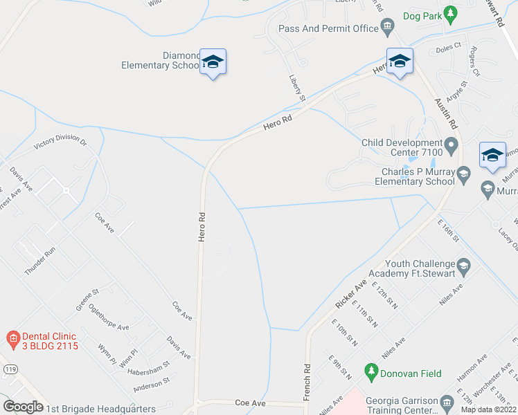 map of restaurants, bars, coffee shops, grocery stores, and more near 4919 Coe Avenue in Fort Stewart