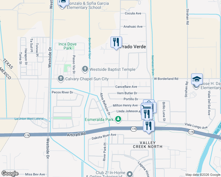 map of restaurants, bars, coffee shops, grocery stores, and more near 648 Cancellare Avenue in El Paso
