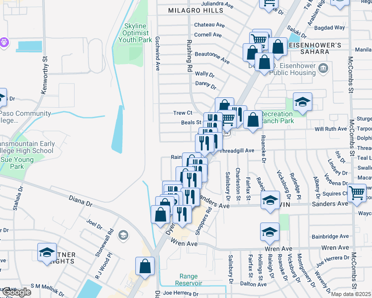 map of restaurants, bars, coffee shops, grocery stores, and more near 9573 Japonica Street in El Paso