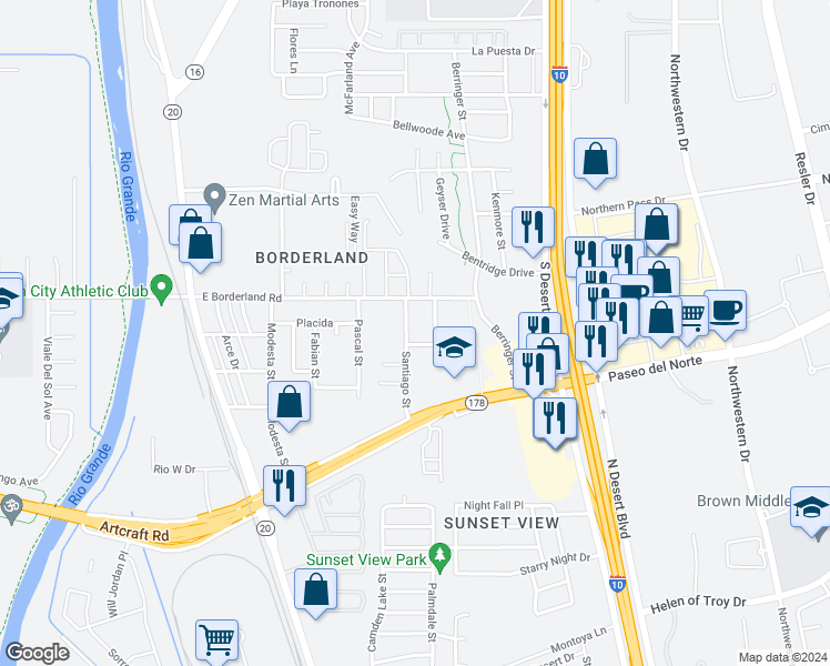map of restaurants, bars, coffee shops, grocery stores, and more near 6368 Santiago Street in El Paso