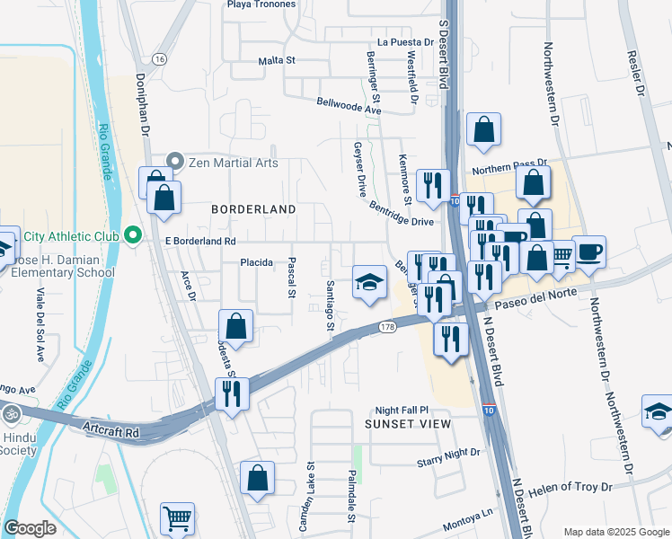 map of restaurants, bars, coffee shops, grocery stores, and more near 6376 Santiago Street in El Paso