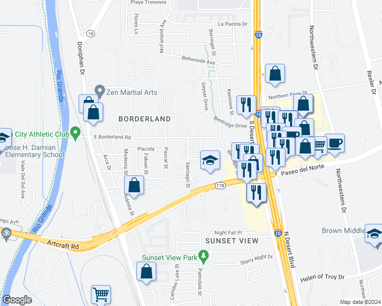 map of restaurants, bars, coffee shops, grocery stores, and more near 6376 Santiago Street in El Paso