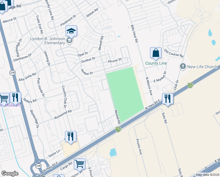 map of restaurants, bars, coffee shops, grocery stores, and more near 2498 Newell Road in Odessa