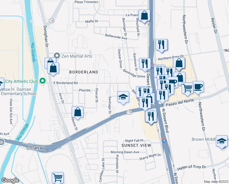 map of restaurants, bars, coffee shops, grocery stores, and more near 6386 Santiago Street in El Paso