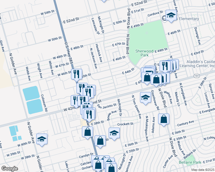 map of restaurants, bars, coffee shops, grocery stores, and more near 319 Douglas Drive in Odessa