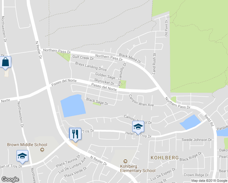 map of restaurants, bars, coffee shops, grocery stores, and more near 7317 Meadow Sage Drive in El Paso