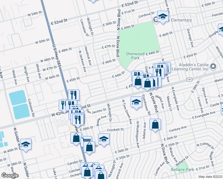 map of restaurants, bars, coffee shops, grocery stores, and more near 409 East 43rd Street in Odessa