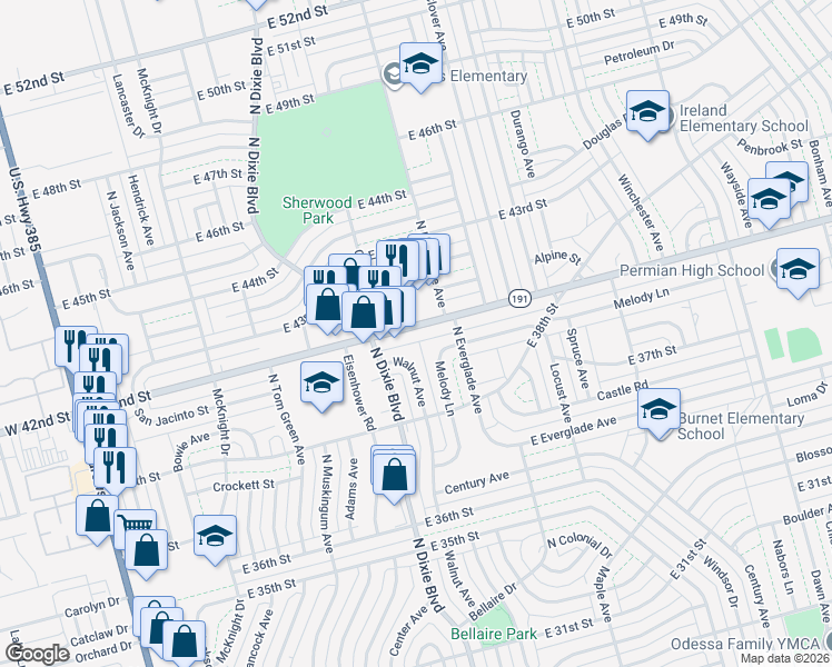 map of restaurants, bars, coffee shops, grocery stores, and more near 1135 East 42nd Street in Odessa