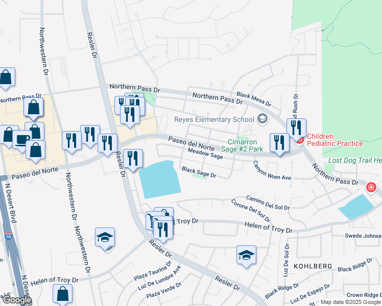 map of restaurants, bars, coffee shops, grocery stores, and more near 7393 Meadow Sage in El Paso