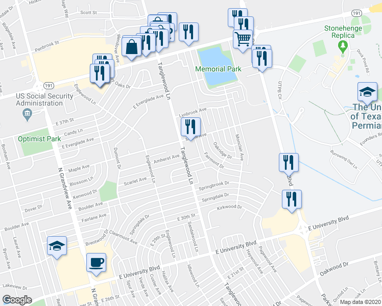 map of restaurants, bars, coffee shops, grocery stores, and more near 4214 Maple Avenue in Odessa