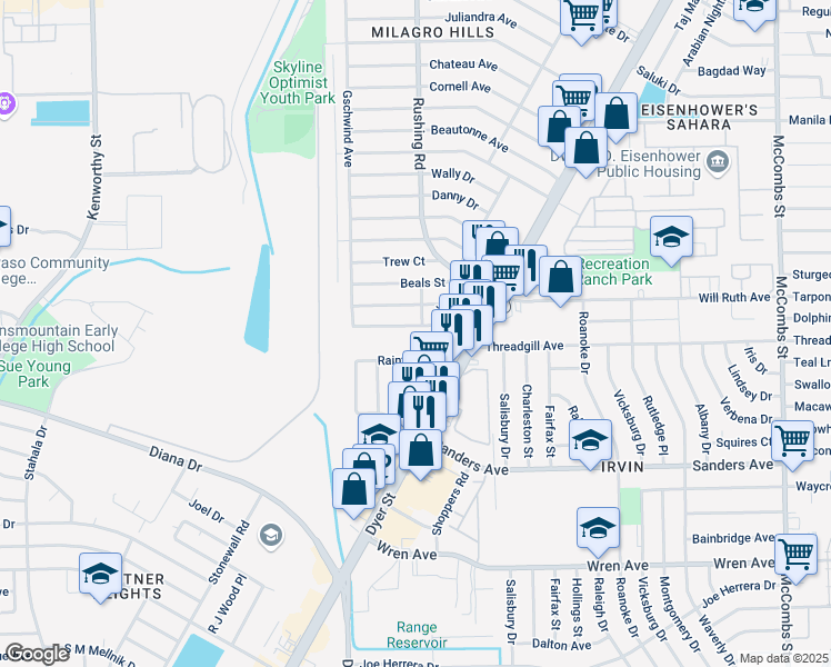 map of restaurants, bars, coffee shops, grocery stores, and more near 5123 Antonio Avenue in El Paso