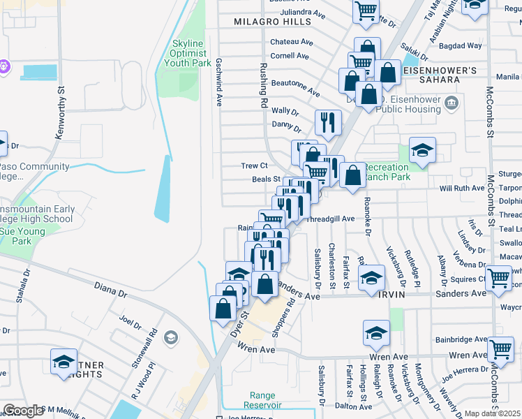 map of restaurants, bars, coffee shops, grocery stores, and more near 5123 Antonio Avenue in El Paso