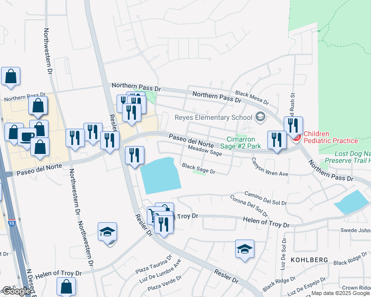 map of restaurants, bars, coffee shops, grocery stores, and more near 7393 Meadow Sage in El Paso