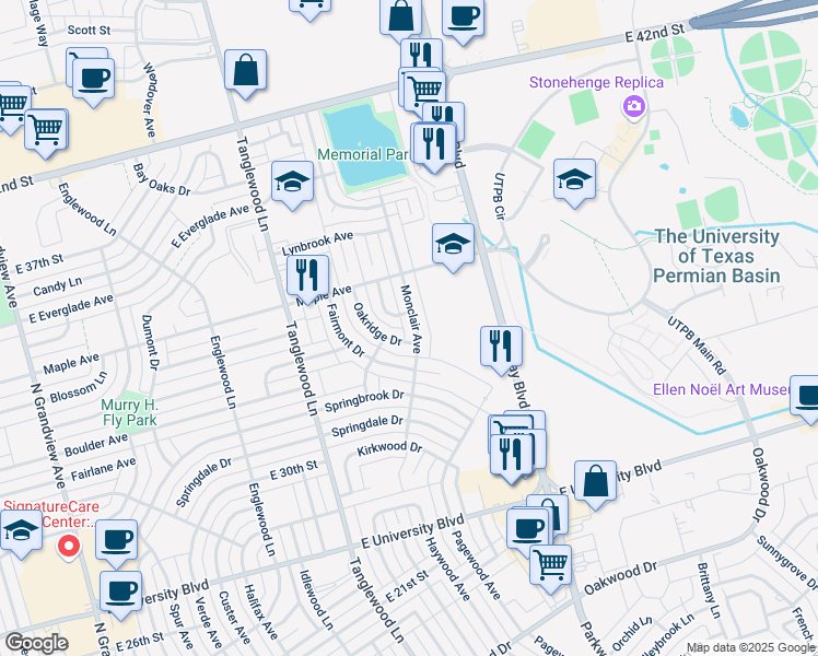 map of restaurants, bars, coffee shops, grocery stores, and more near 3511 Monclair Avenue in Odessa