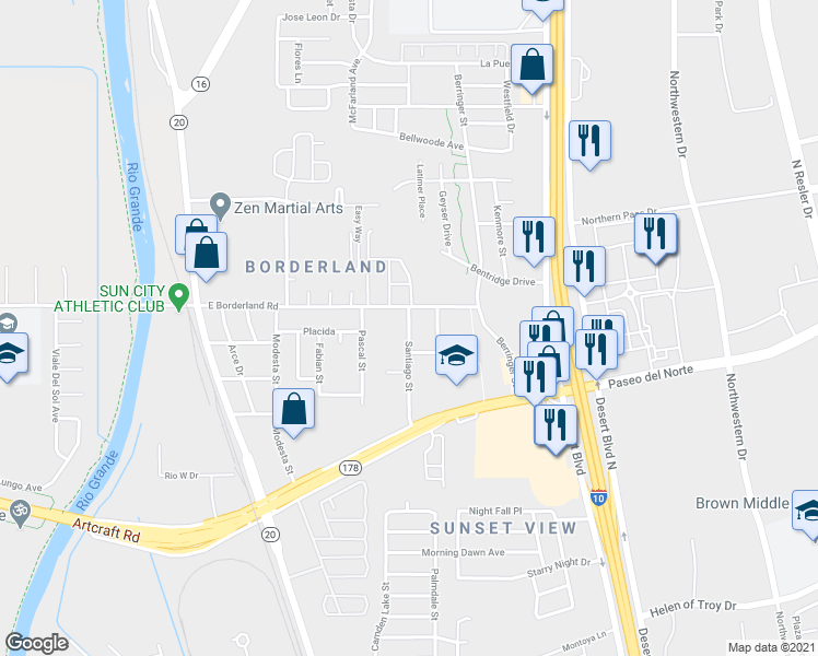 map of restaurants, bars, coffee shops, grocery stores, and more near 6386 Santiago Street in El Paso