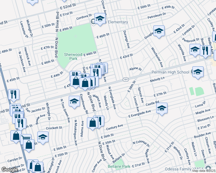 map of restaurants, bars, coffee shops, grocery stores, and more near 1216 East 42nd Street in Odessa