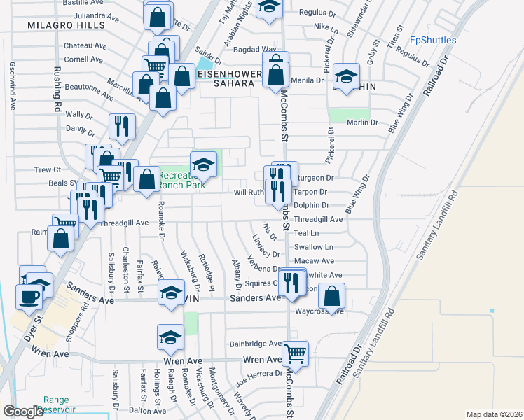 map of restaurants, bars, coffee shops, grocery stores, and more near 5708 Mackerel Lane in El Paso