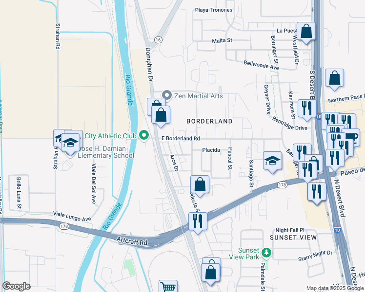 map of restaurants, bars, coffee shops, grocery stores, and more near 6386 Salas Lane in El Paso