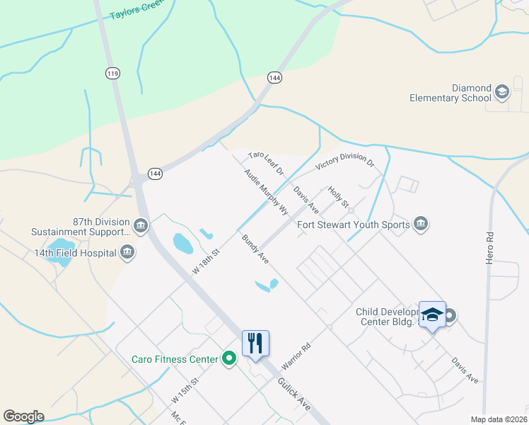 map of restaurants, bars, coffee shops, grocery stores, and more near 3 Victory Division Drive in Fort Stewart
