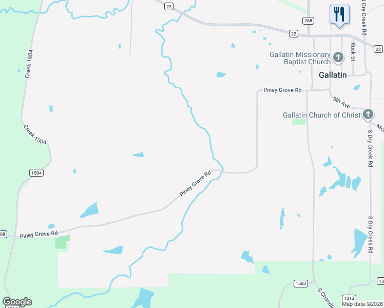 map of restaurants, bars, coffee shops, grocery stores, and more near 1038 Piney Grove Road in Gallatin