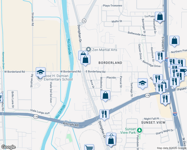 map of restaurants, bars, coffee shops, grocery stores, and more near 6386 Salas Lane in El Paso