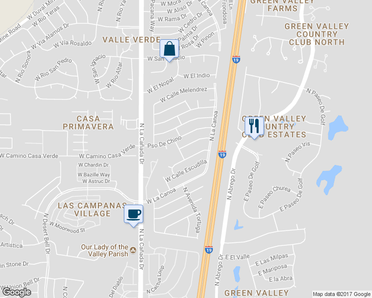 map of restaurants, bars, coffee shops, grocery stores, and more near 131 West Calle Manantial Kent in Green Valley