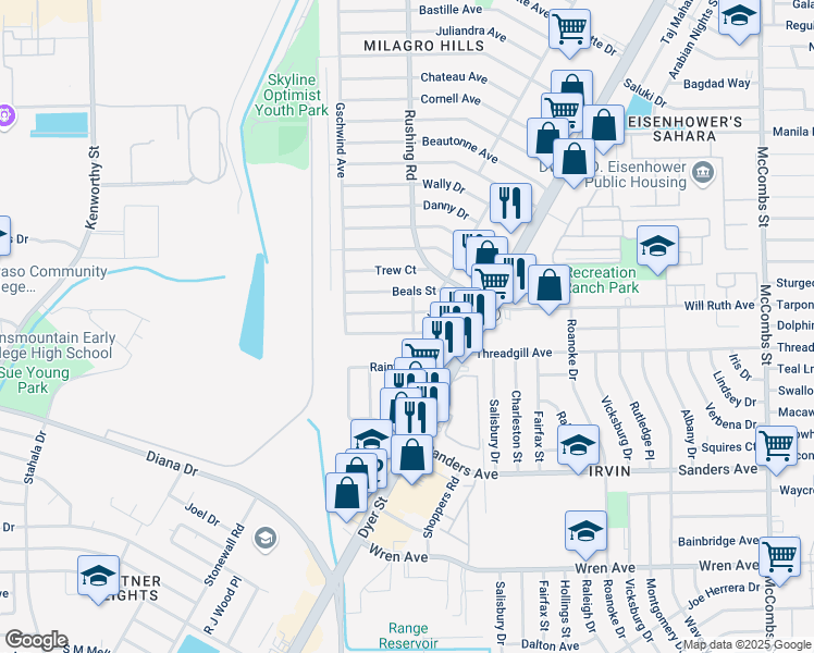 map of restaurants, bars, coffee shops, grocery stores, and more near 5123 Antonio Avenue in El Paso