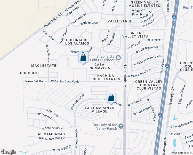 map of restaurants, bars, coffee shops, grocery stores, and more near 536 West Parkwood Court in Green Valley