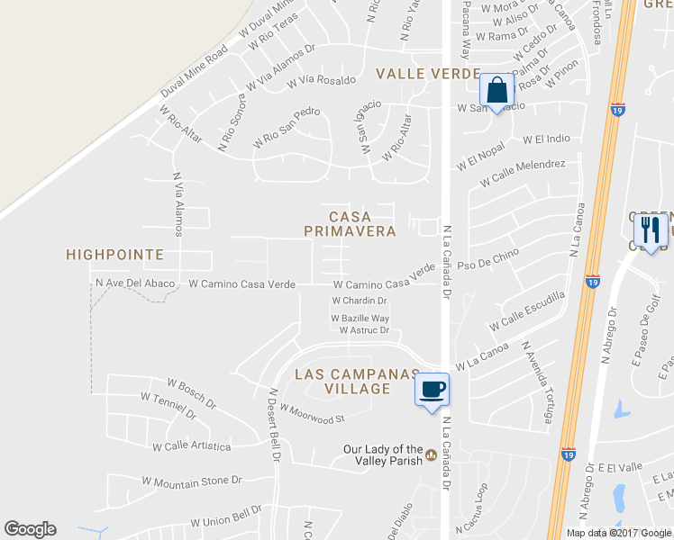 map of restaurants, bars, coffee shops, grocery stores, and more near 536 West Parkwood Court in Green Valley