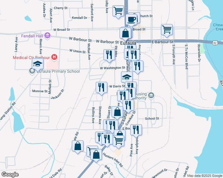 map of restaurants, bars, coffee shops, grocery stores, and more near 207 West Davis Street in Eufaula