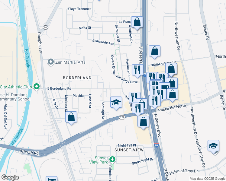 map of restaurants, bars, coffee shops, grocery stores, and more near 326 East Borderland Road in El Paso