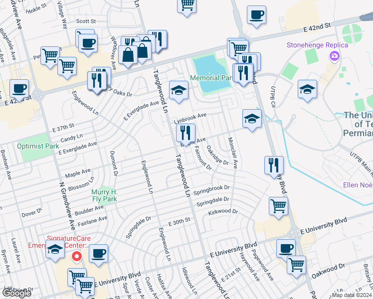 map of restaurants, bars, coffee shops, grocery stores, and more near 4214 Maple Avenue in Odessa