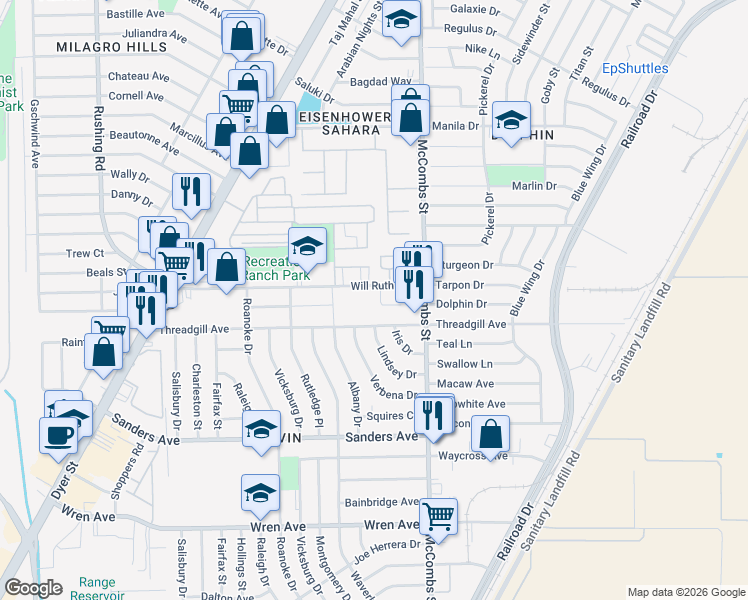 map of restaurants, bars, coffee shops, grocery stores, and more near 5708 Mackerel Lane in El Paso