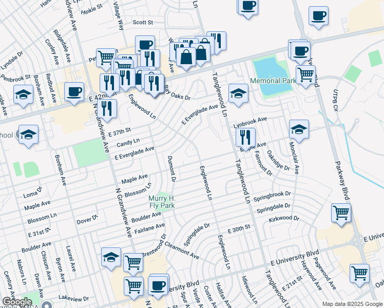 map of restaurants, bars, coffee shops, grocery stores, and more near 3921 Wood Court in Odessa