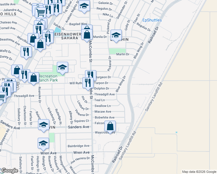 map of restaurants, bars, coffee shops, grocery stores, and more near 5849 Dolphin Drive in El Paso