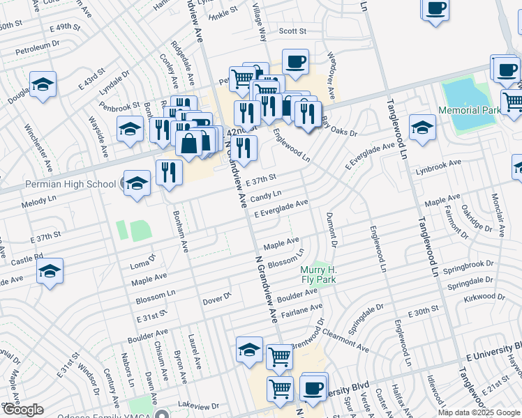 map of restaurants, bars, coffee shops, grocery stores, and more near 3809 E Everglade Ave in Odessa