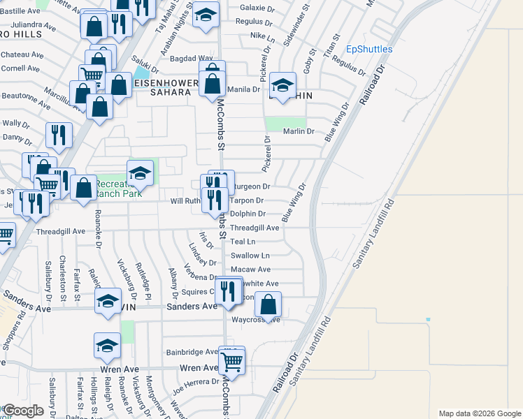 map of restaurants, bars, coffee shops, grocery stores, and more near 5849 Dolphin Drive in El Paso