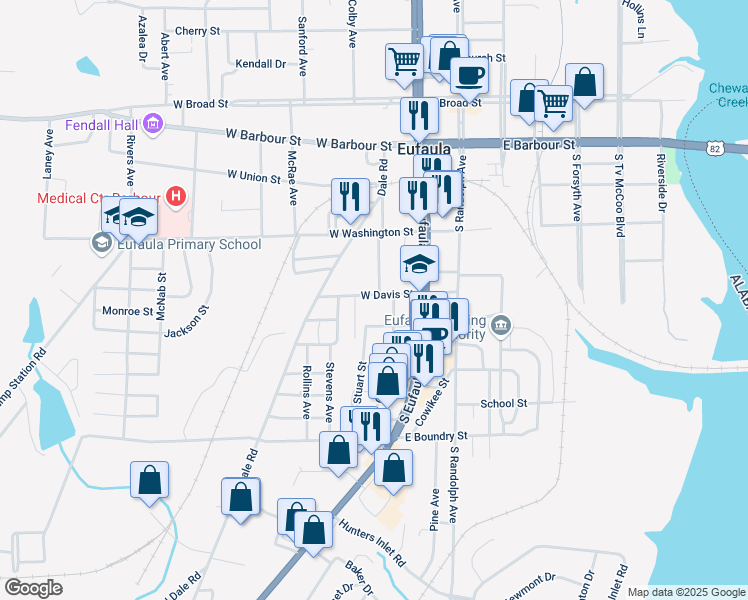 map of restaurants, bars, coffee shops, grocery stores, and more near 207 West Davis Street in Eufaula
