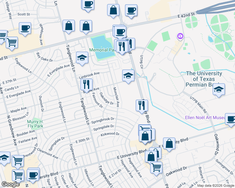 map of restaurants, bars, coffee shops, grocery stores, and more near 3520 Monclair Avenue in Odessa