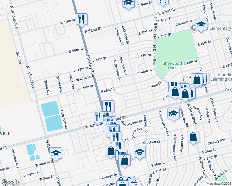 map of restaurants, bars, coffee shops, grocery stores, and more near North San Jacinto Street in Odessa