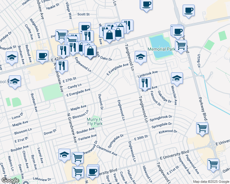 map of restaurants, bars, coffee shops, grocery stores, and more near 3921 Wood Court in Odessa