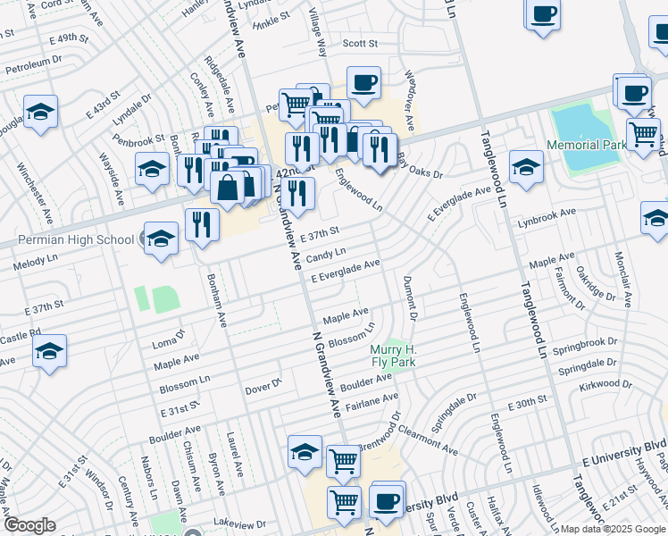 map of restaurants, bars, coffee shops, grocery stores, and more near 3809 East Everglade Avenue in Odessa